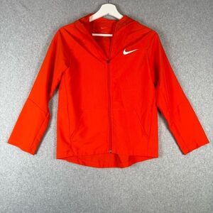 Nike Dri Fit big kids medium woven training jacket Hooded Jacket Red Swoosh Logo